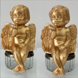 2 x 90s Cherubs Gilded Sitting Celestial Gold Whimsical Hollywood Regency Rococo